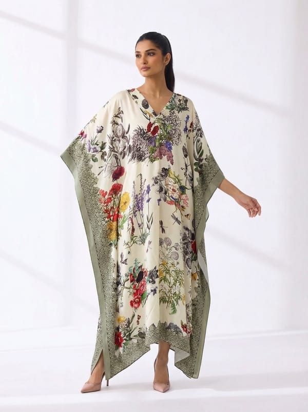 Multicolor Floral Georgette Kaftan with Olive Border — Kavita Bhartia