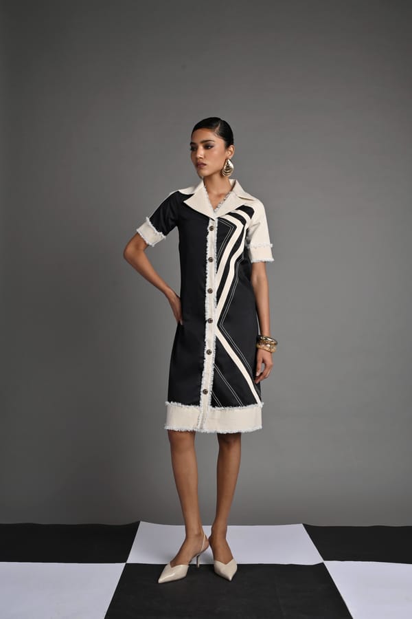 Black and Ivory Abstract Wave Shirt Dress — Veera Wear
