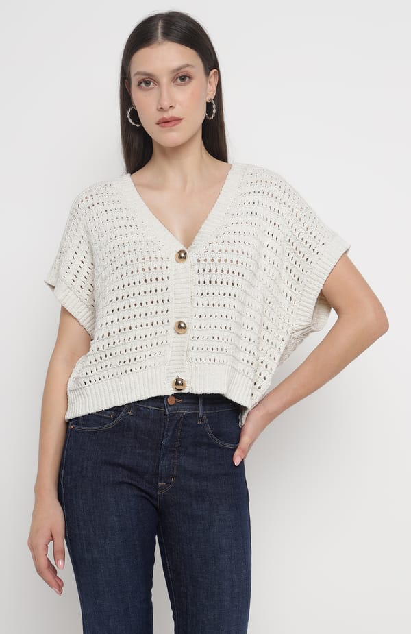 Off-White Openwork Knit Cropped Cardigan with Gold Buttons — SILVIAN HEACH