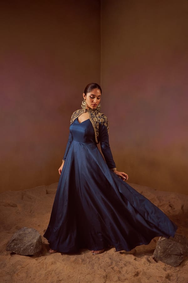 Deep Sea Blue Silk Maxi Gown with Handworked Jacket — QUNIC