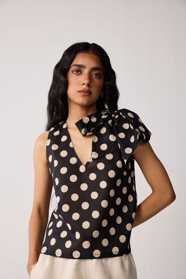 Regular V-Neck Polka Dot Top with Bow Detail — REISTOR