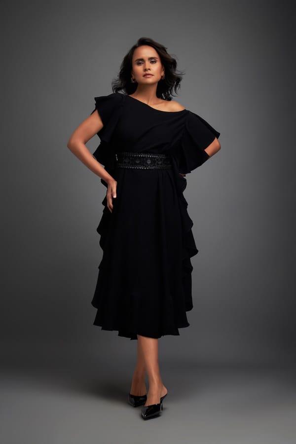 Asymmetrical Off-Shoulder Dress with Textured Belt — Deepika Arora