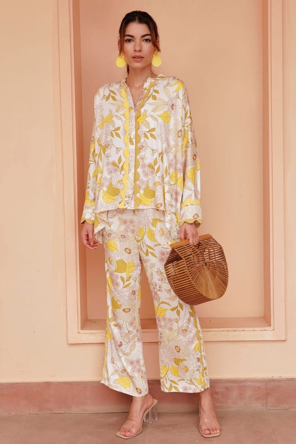 White/Yellow Floral Co-ord Set with Lace Trim — BOHO-CHIC
