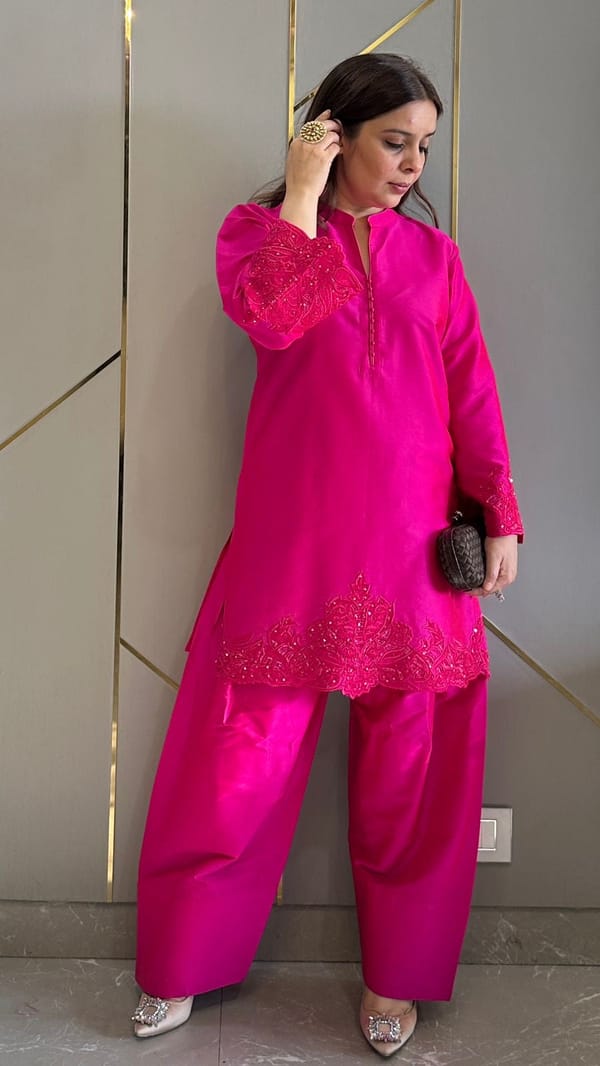 Hot Pink Dupion Silk Embroidered Co-ord Set — Kylee Fashions