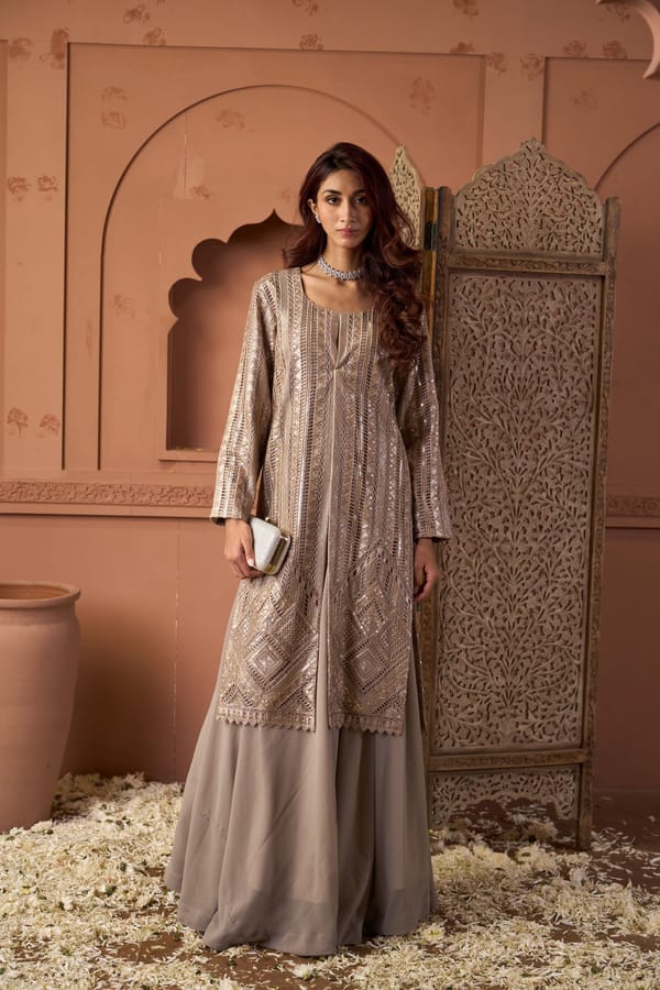 Bronze Sequin Net Tunic and Flared Maxi Skirt Co-ord Set — TASUVURE