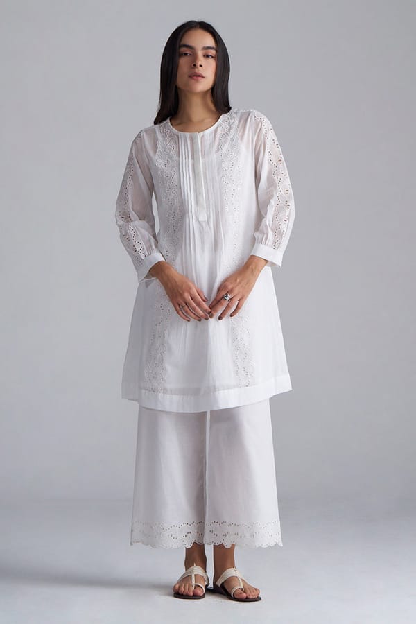 White Chikankari Embroidered Co-ord Set with Wide-Leg Pants — Ganga Fashions Pvt Ltd