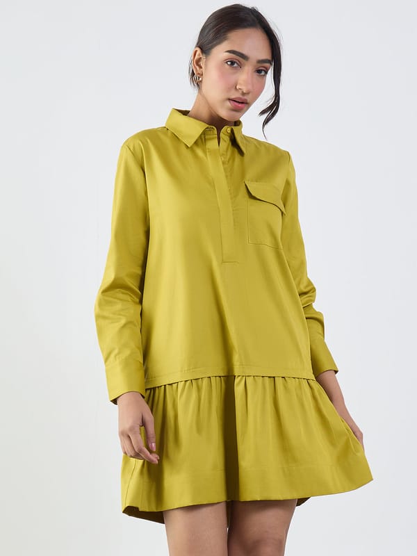 Citrine Green Cotton Shirt Mini Dress — Femmella