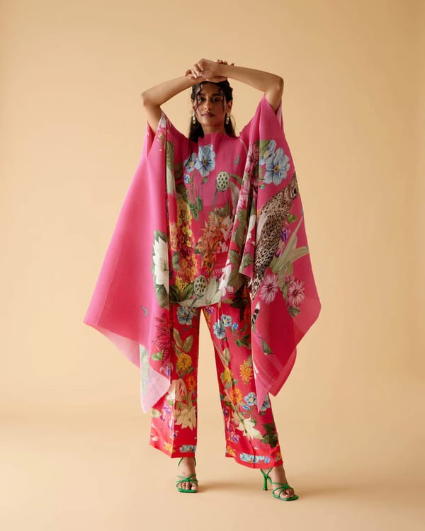 Fuschia/Magenta Floral Printed Straight-Leg Trousers — Moh India