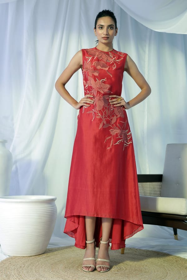Sangria Red Embroidered High-Low Maxi Gown — Madder Much