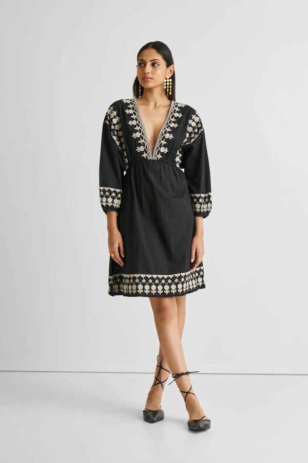 Black Deep V Embroidered Knee-Length Cotton Dress — REISTOR