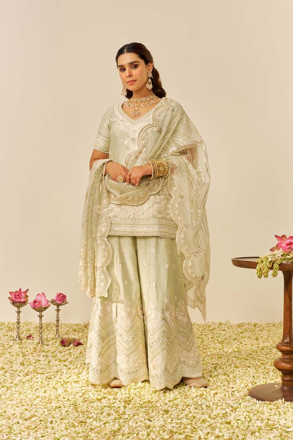 Mint Green Chanderi Silk Kurta and Sharara Set — Sheetal Batra