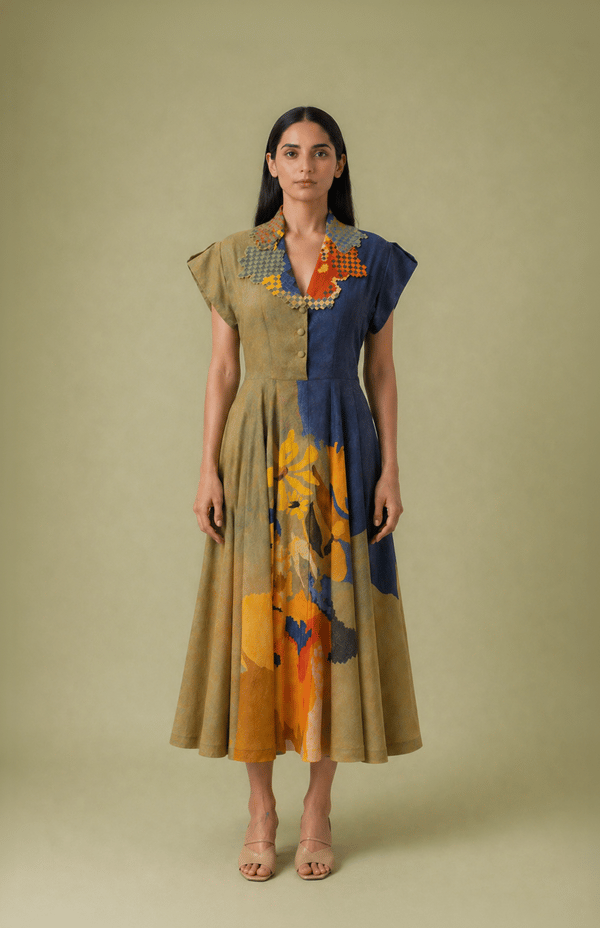 Mustard Olive and Navy Colorblock Cutwork Collar Midi Dress — CLOS