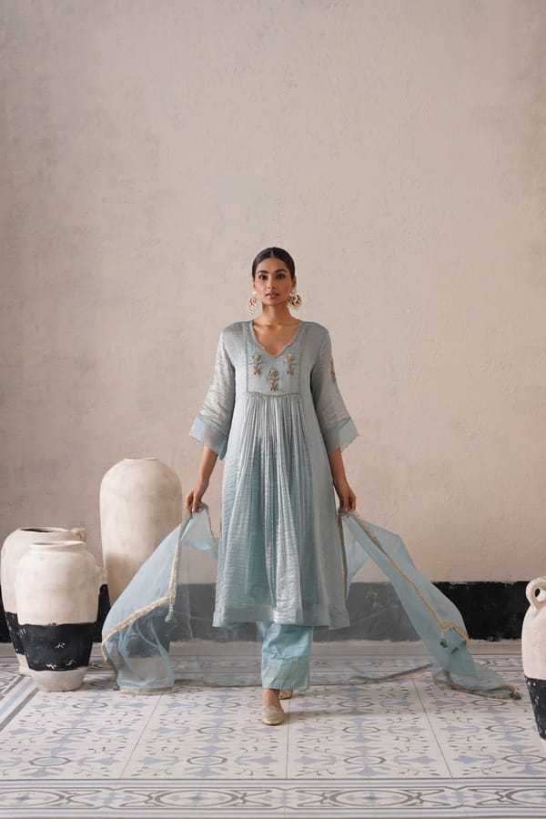 Powder Blue Organza Zardozi Gathered Anarkali Kurta Set — SHREYASH JAIN
