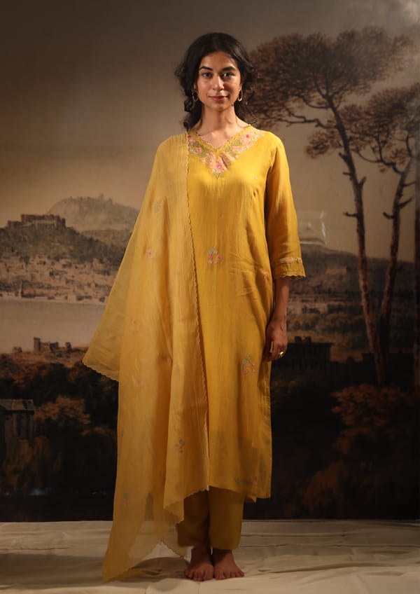 Mustard Handloom Chanderi Embroidered Kurta Set — Tatwa Designs
