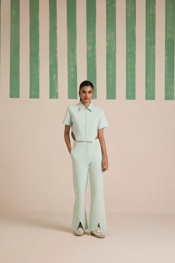 Cool Matcha Zip-Up Crop Top and Flared Pants Co-ord Set — Muvazo