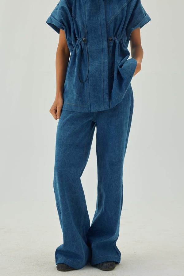Blue High-Waist Full-Length Flared Denim Trousers — Shop Staple