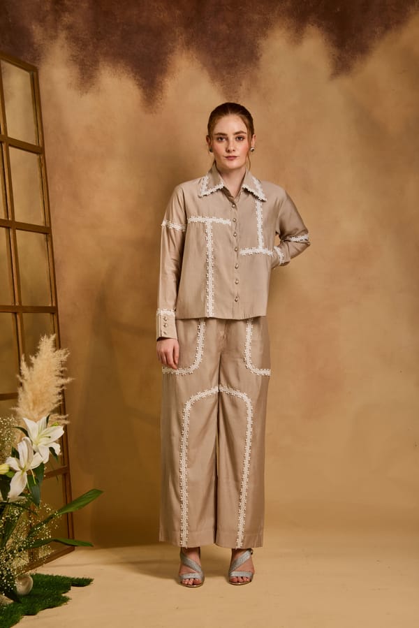 Light Grey Lace Applique Shirt and Trouser Co-ord Set — An'era by Asmita Verma