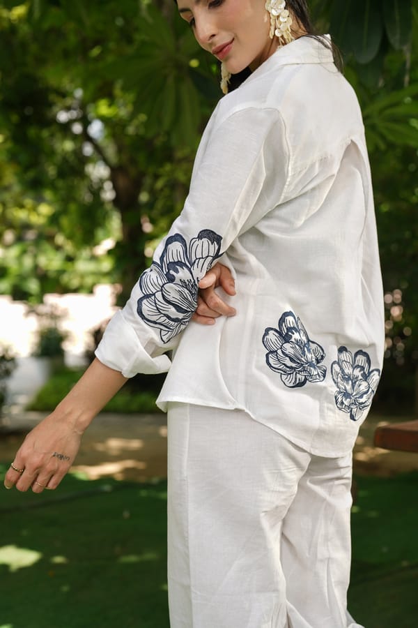 Ivory Linen Embroidered Relaxed-Fit Shirt — Akirah