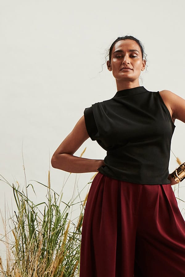 Black High Neck Asymmetrical Shoulder Crepe Top — Unrush