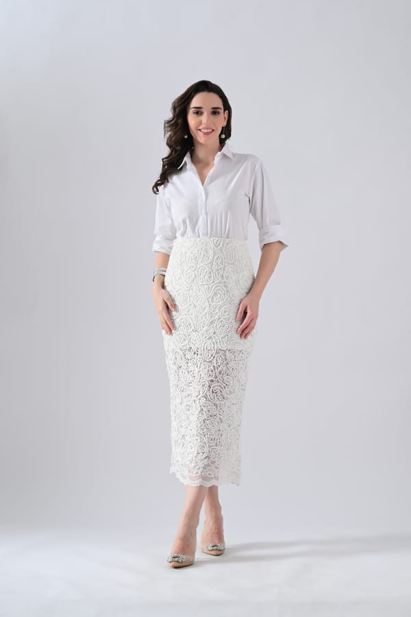 White Shirt and Lace Midi Pencil Skirt Co-ord Set — ANYSA