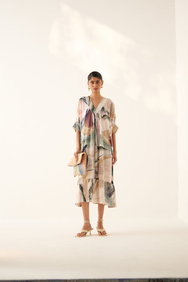 Off-White Abstract Printed Anti-Fit Tiered Midi Dress — Ofrida
