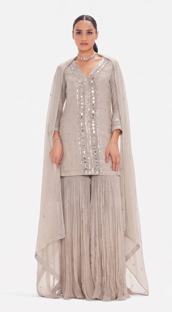 Grey Organza Mirror Work Kurta Sharara Set with Dupatta — Basanti Kapde aur Koffee