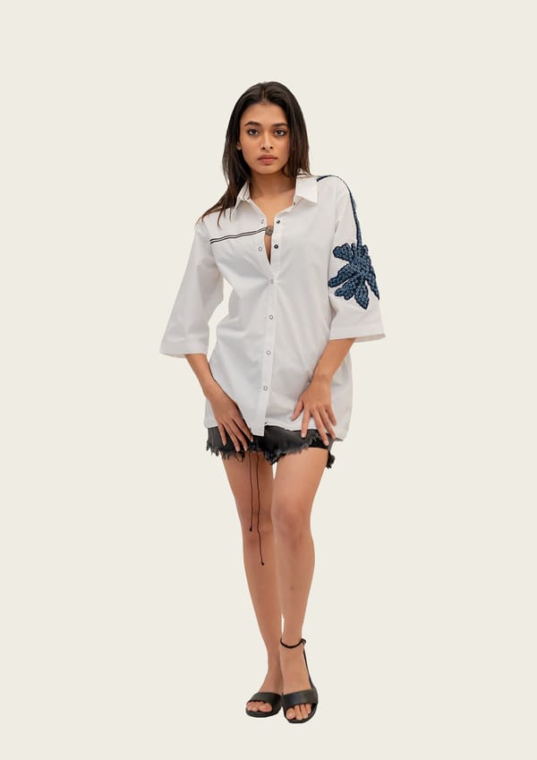 White Cotton Button Shirt with Embroidery — Richa Goenka