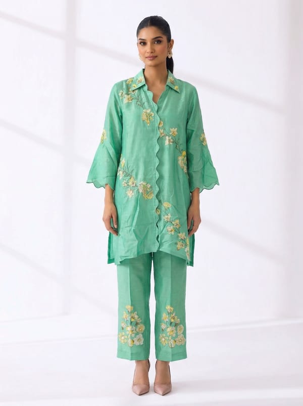 Green Bamberg Silk Embroidered Kurta Pant Co-ord Set — SURABHI ARYA