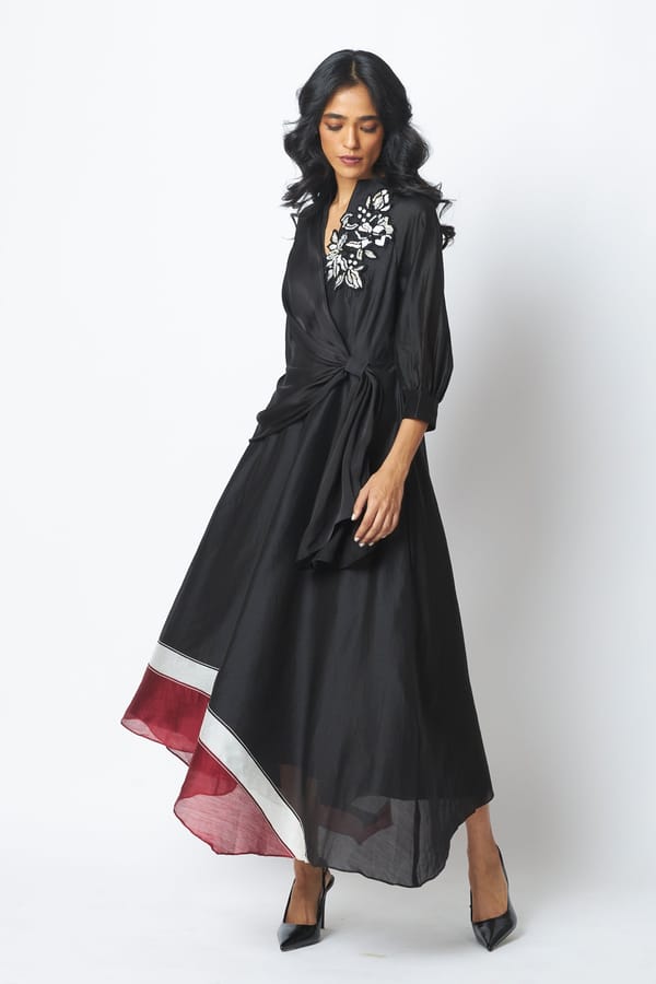 Black Wrap Midi Dress with Floral Embellished Shoulder — Madder Much