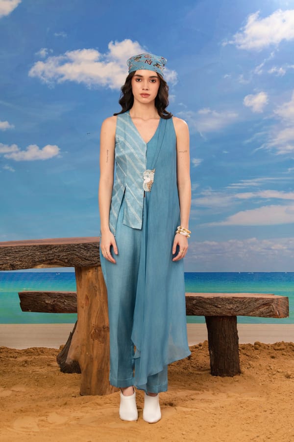 Blue Satin Linen Organza Drape Overlay Co-ord Set — ISHA GUPTA TAYAL