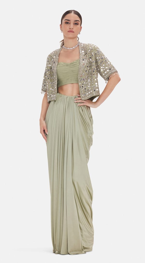 Pista Mirrorwork Jacket Co-ord Set with Draped Maxi Skirt — Basanti Kapde aur Koffee