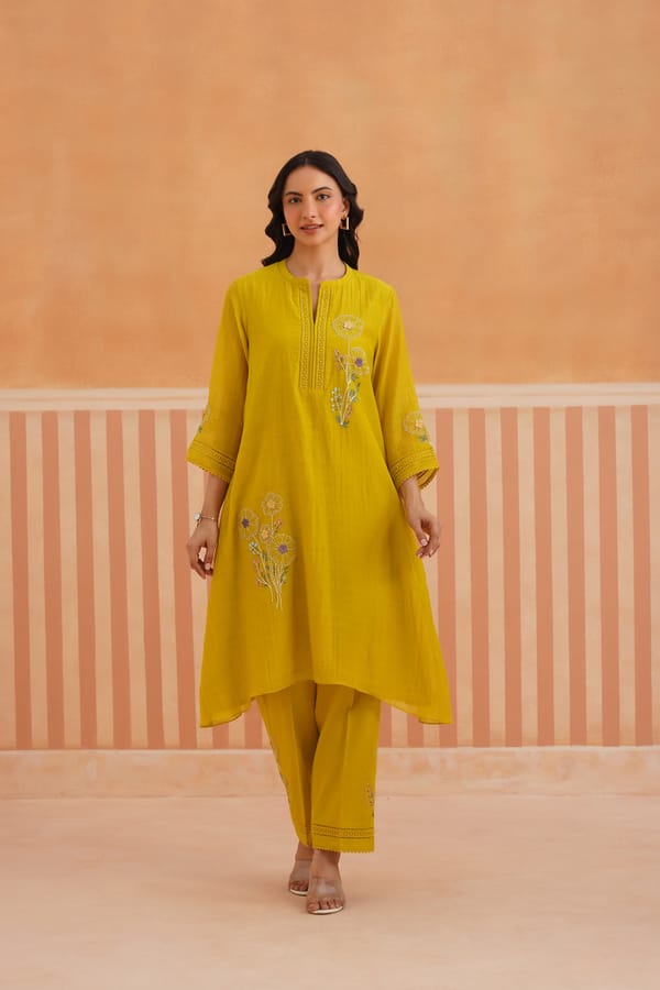 A-line kurta set with delicate dori floral embroidery — Omi Clothing