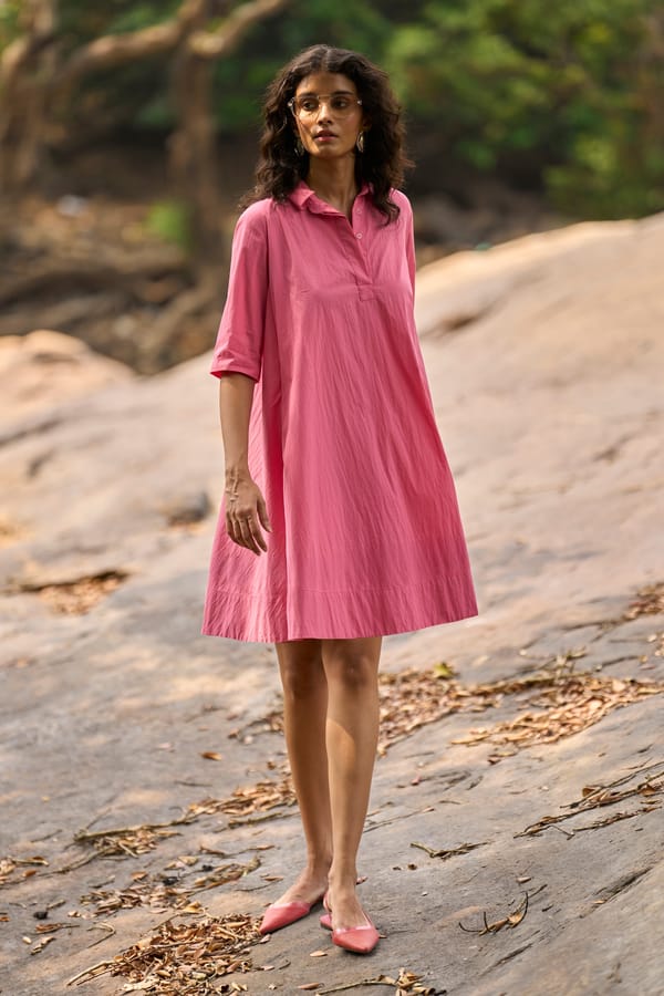 Pink Cotton Poplin A-Line Shirt Dress — Dash and Dot
