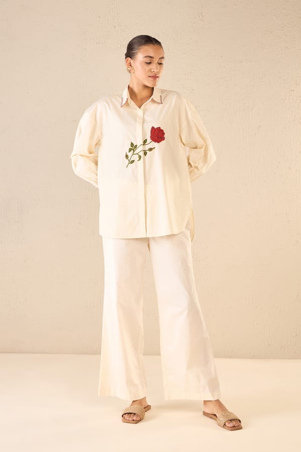 Scarlet Rose: Ivory Rose Oversize Shirt — SHIVANI BHARGAVA
