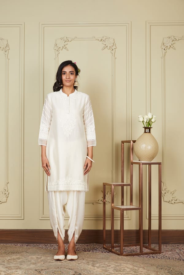 Daisy Ivory Embroidered Kurta and Dhoti Set — Sheetal Batra