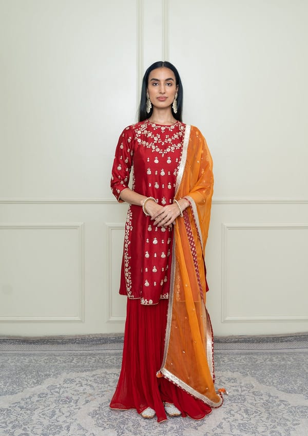 Scarlet Red Embroidered A-Line Kurta Gharara Set — Sheetal Batra