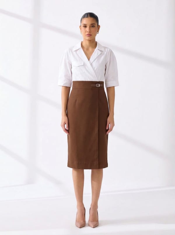 White and Brown Colorblocked Crepe Midi Dress — NOTEBOOK