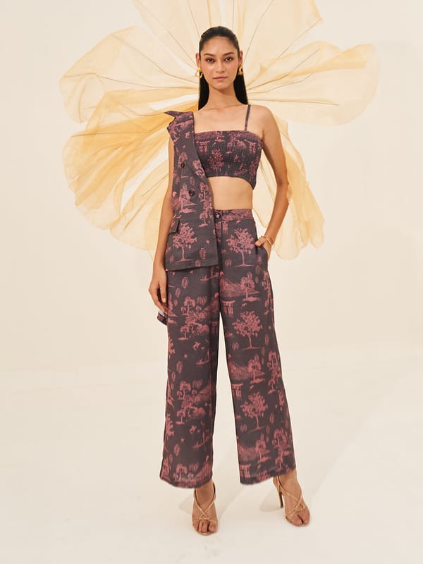 Mauve Printed 3-Piece Co-ord Set with Vest Jacket — HOUSE OF FETT