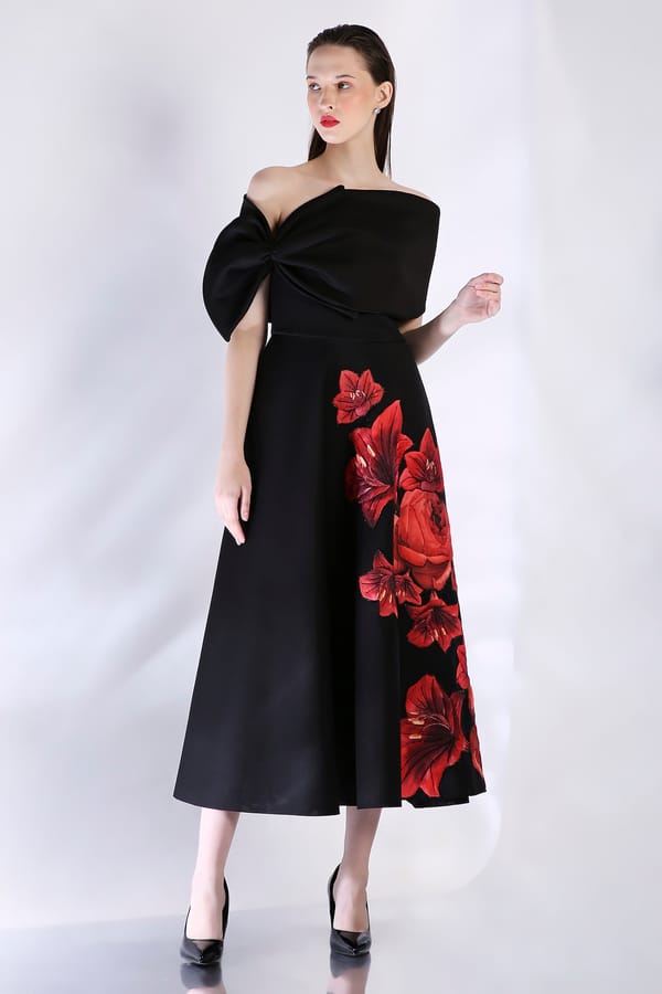 Black One-Shoulder Fit and Flare Midi Dress with Bow — OZEQO