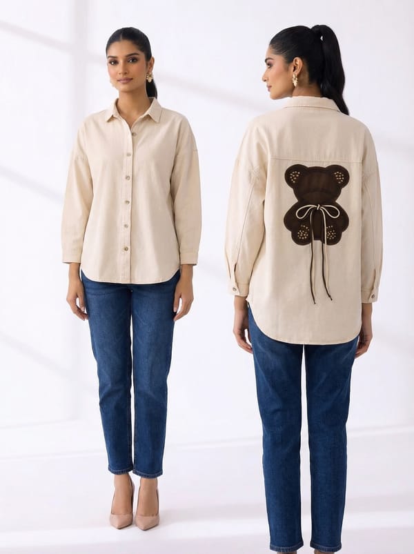 Beige Button-Down Shirt with Teddy Back Appliqué — ASPIRIN TRENDY