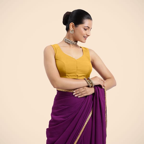 Marigold Yellow Sleeveless V-Neck Front Open Saree Blouse — BINKS