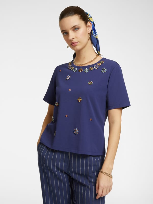 Blue Embellished Round-Neck Cotton Jersey T-Shirt — ELENA MIRO