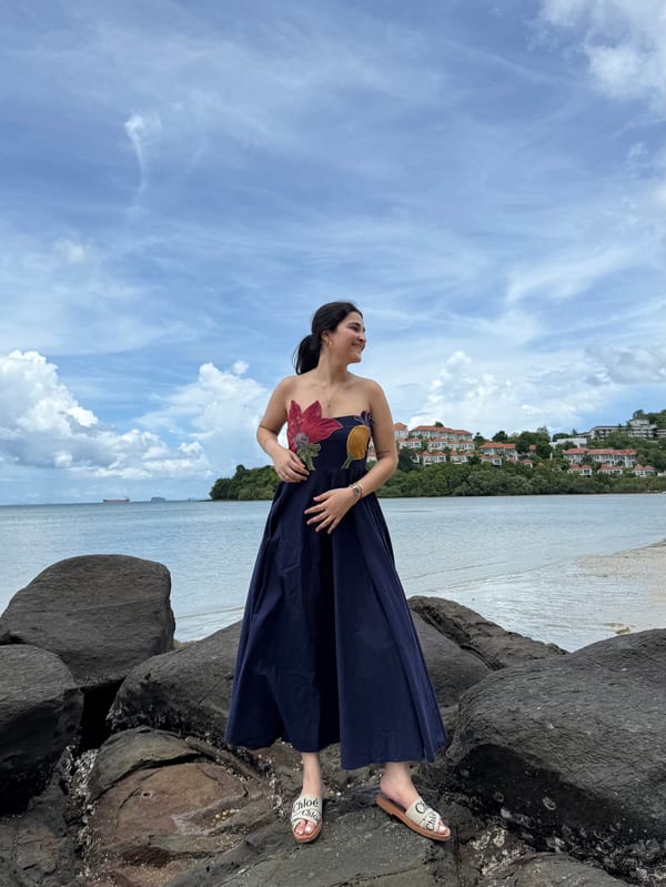 Navy Off-Shoulder Cotton Midi Dress with Floral Applique — GAIMA LABEL