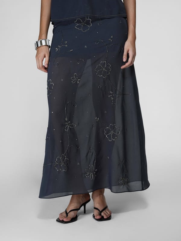Grey Sheer Floral Bead-Embroidered Maxi Skirt — The Clothing Factory