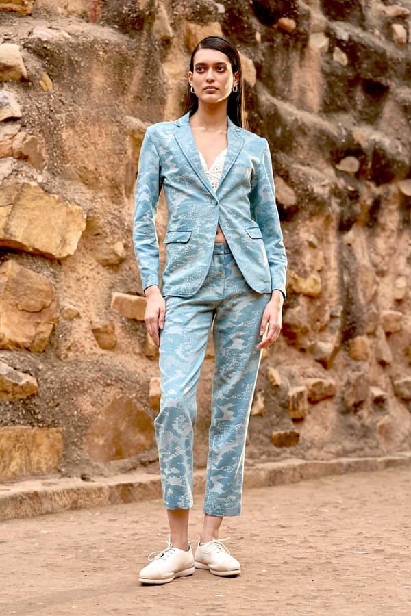 Indigo Jacquard Relaxed Straight-Leg Trousers — Dash and Dot