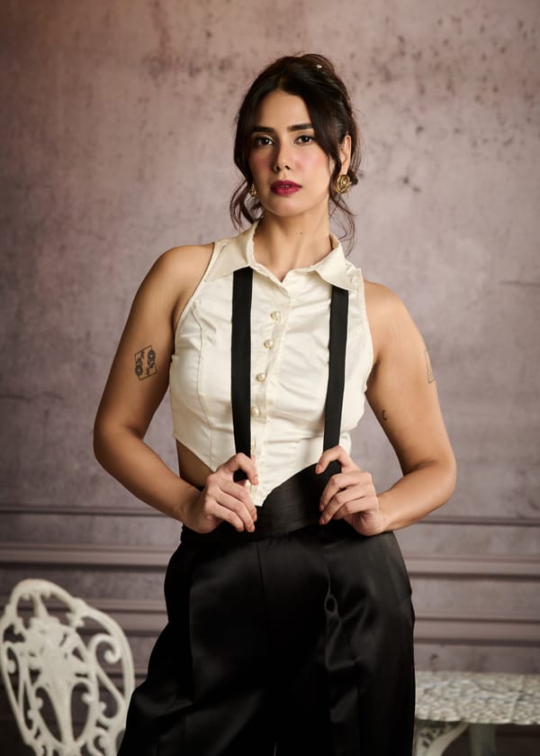 White Corset-Inspired Tuxedo Crop Shirt with Open Tie — Lea Clothing