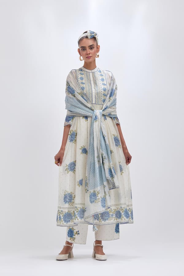Off White Kurta Dress Set With All-Over Blue & Green Floral Hand Block Print — Upavita