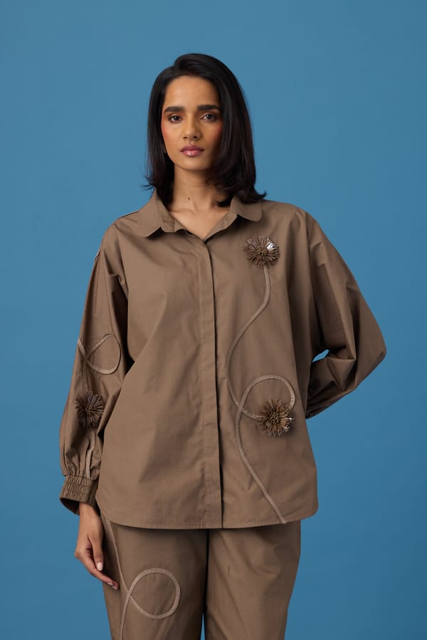 Earth Brown Floral Appliqué Relaxed Fit Cotton Poplin Shirt — 63East