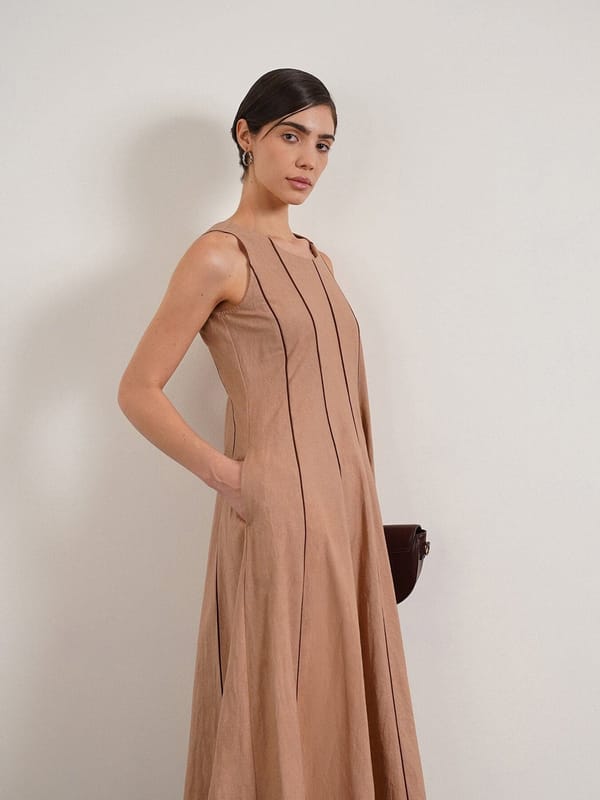 Beige Pure Cotton Fit and Flare Midi Dress — Fable Street