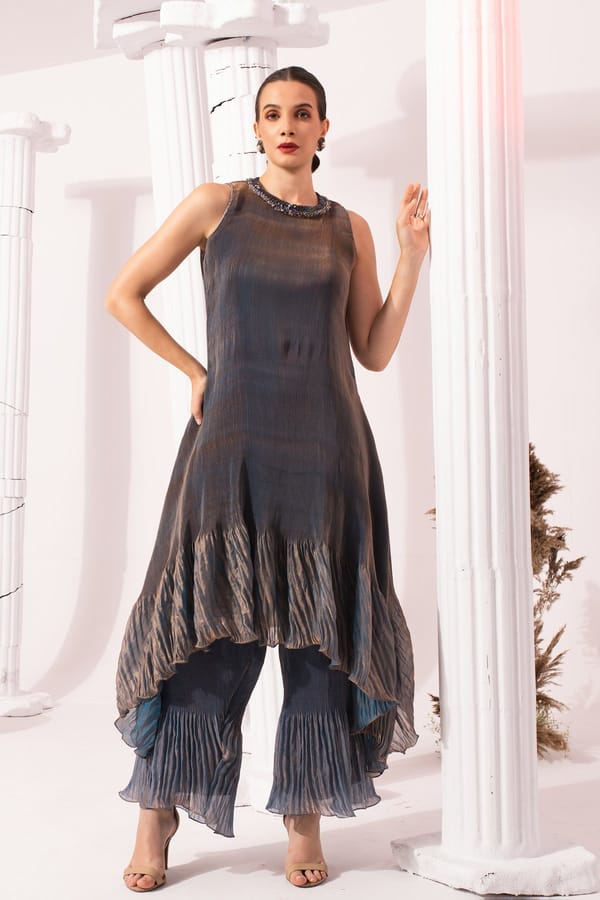 Steel Blue Metallic High Neck Kurta Sharara Set — PREETI MEHTA